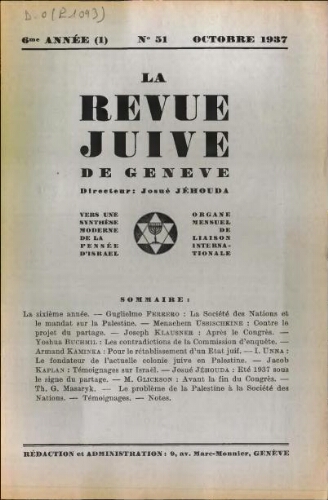 La Revue Juive de Genève. Vol. 6 n° 1 fasc. 51 (octobre 1937)